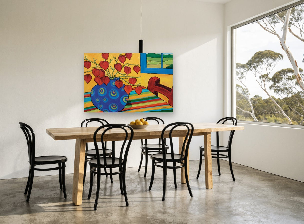 Lanterns in Blue Vase floral canvas print on the wall of a dining room
