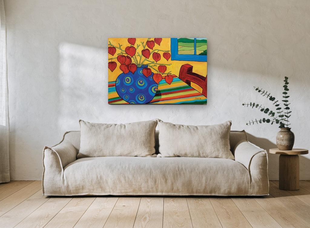 Lanterns in Blue Vase floral canvas print on the wall of a living room