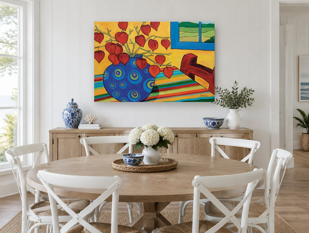 Lanterns in Blue Vase floral canvas print on the wall of a Hamptons dining room
