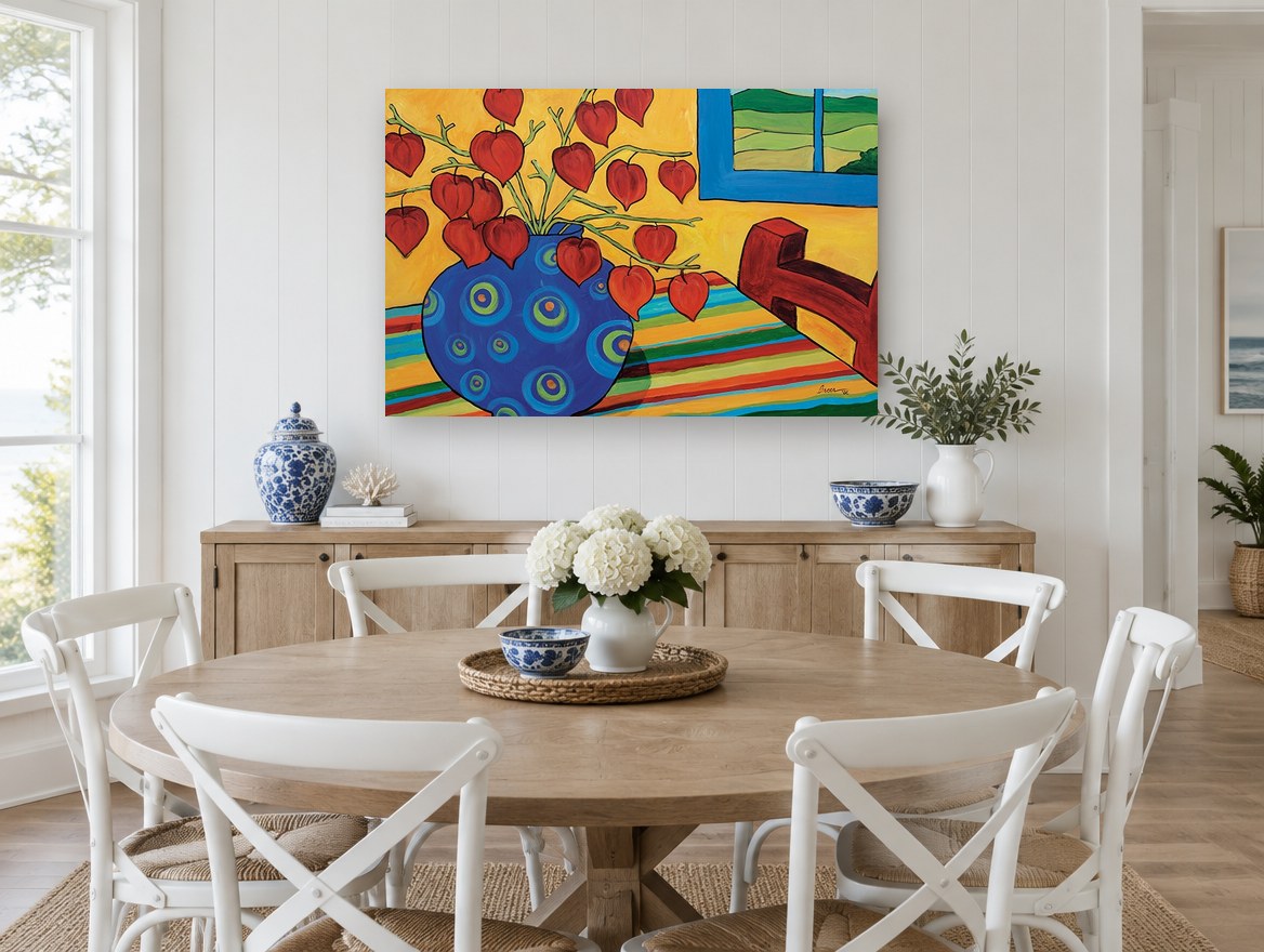 Lanterns in Blue Vase floral canvas print on the wall of a Hamptons dining room