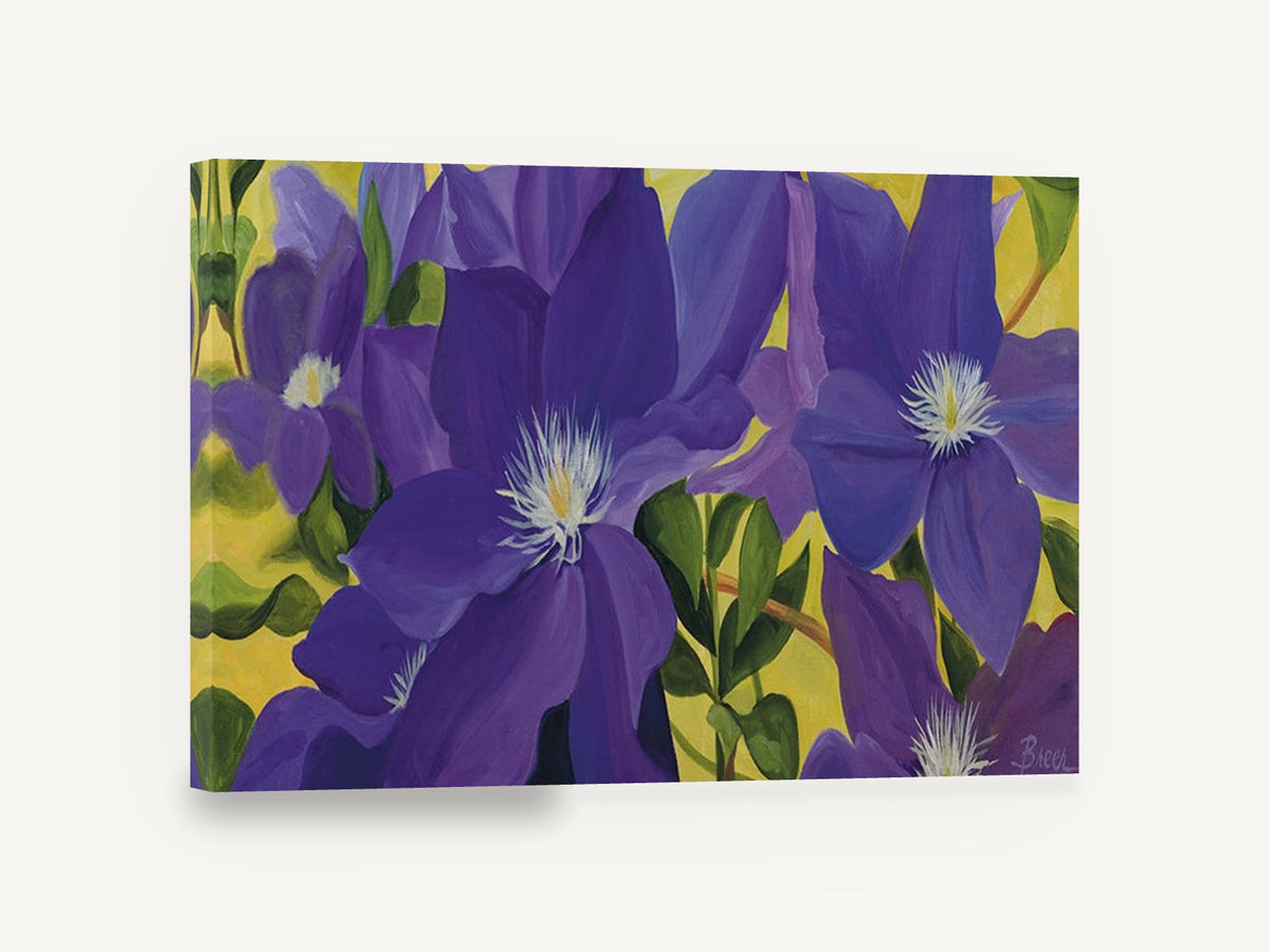 Purple Clematis Garden, purple clematis flowers yellow background, floral canvas wall art print ready to hang