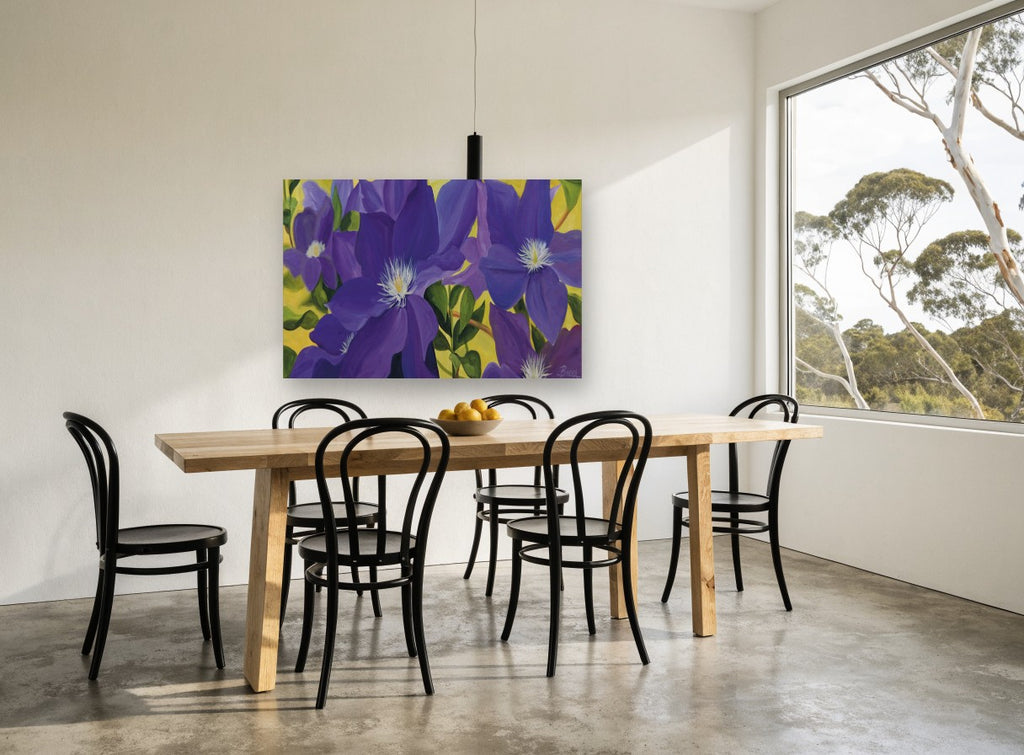 Purple Clematis Garden floral canvas print on the wall of a dining room