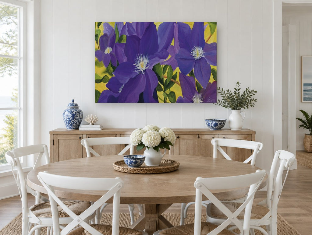 Purple Clematis Garden floral canvas print on the wall of a Hamptons dining room