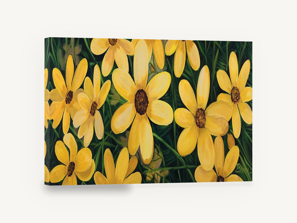 Golden Meadow Daisies, yellow coreopsis flowers painting, floral canvas wall art print ready to hang