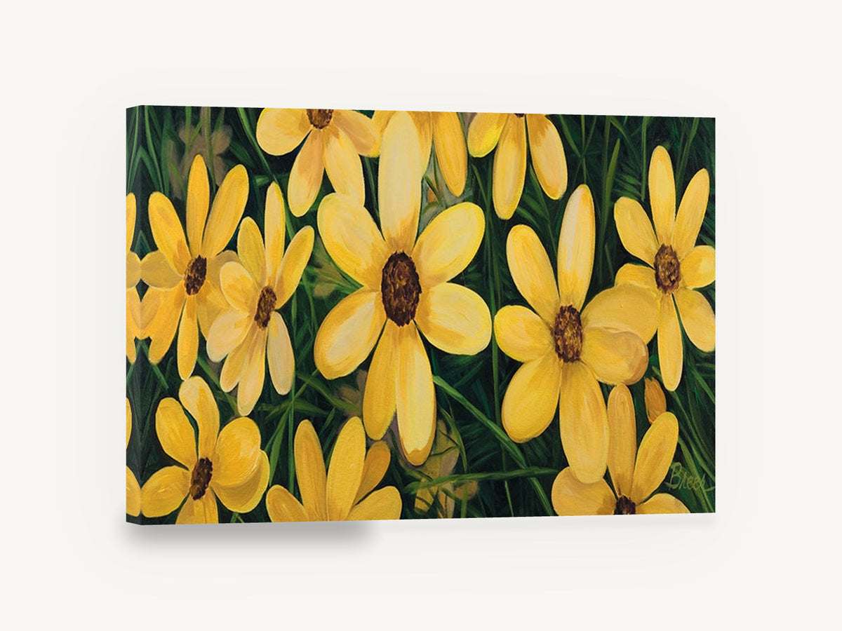 Golden Meadow Daisies, yellow coreopsis flowers painting, floral canvas wall art print ready to hang