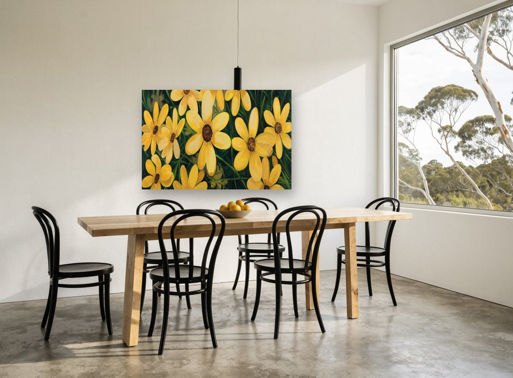 Golden Meadow Daisies floral canvas print on the wall of a dining room