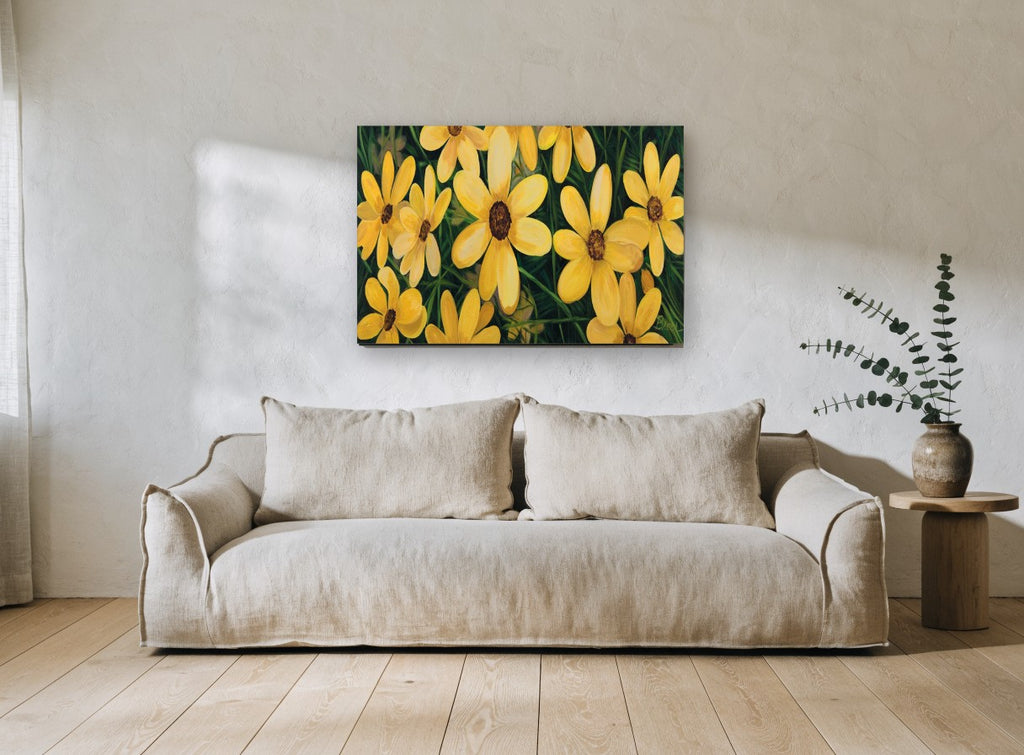 Golden Meadow Daisies floral canvas print on the wall of a living room