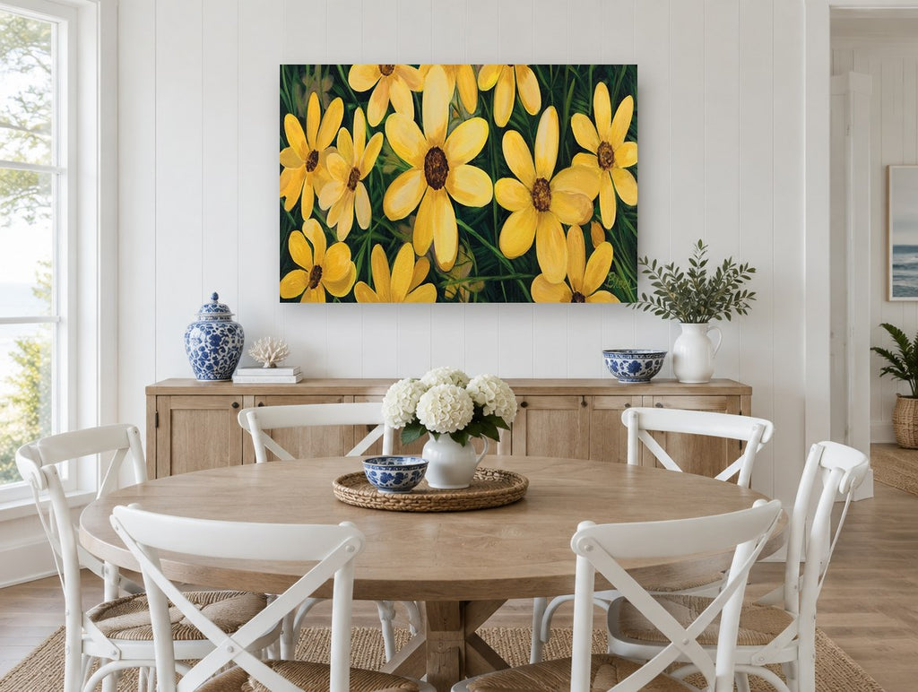 Golden Meadow Daisies floral canvas print on the wall of a Hamptons dining room