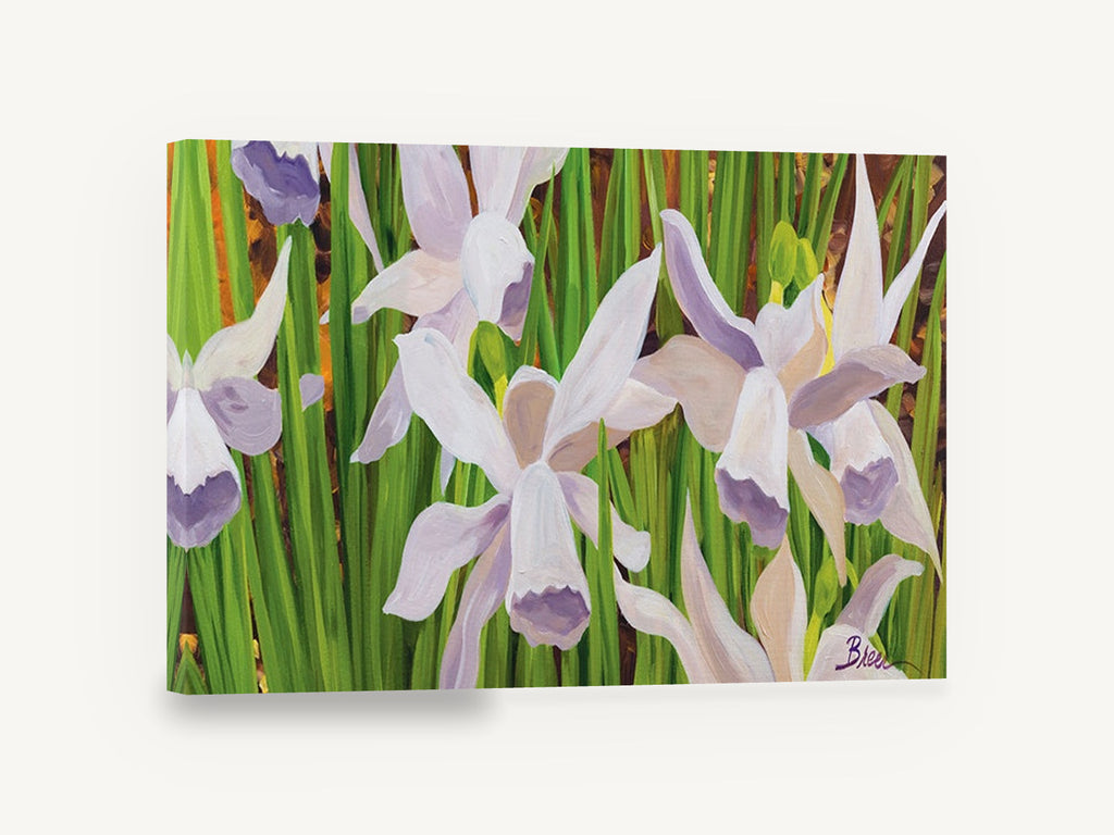 Lilac Daffodils in Green, lilac daffodils floral painting green, floral canvas wall art print ready to hang