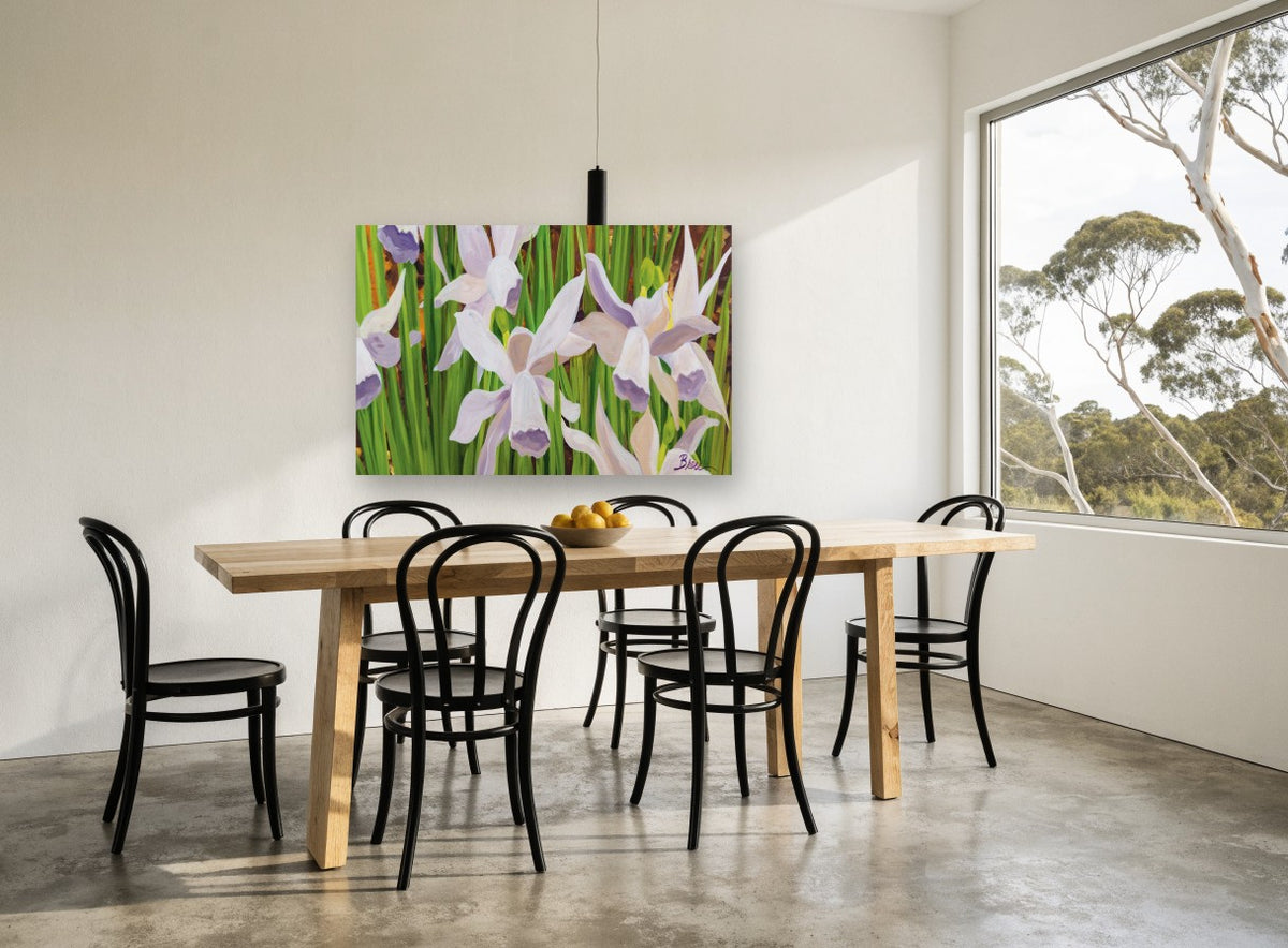 Lilac Daffodils in Green floral canvas print on the wall of a dining room