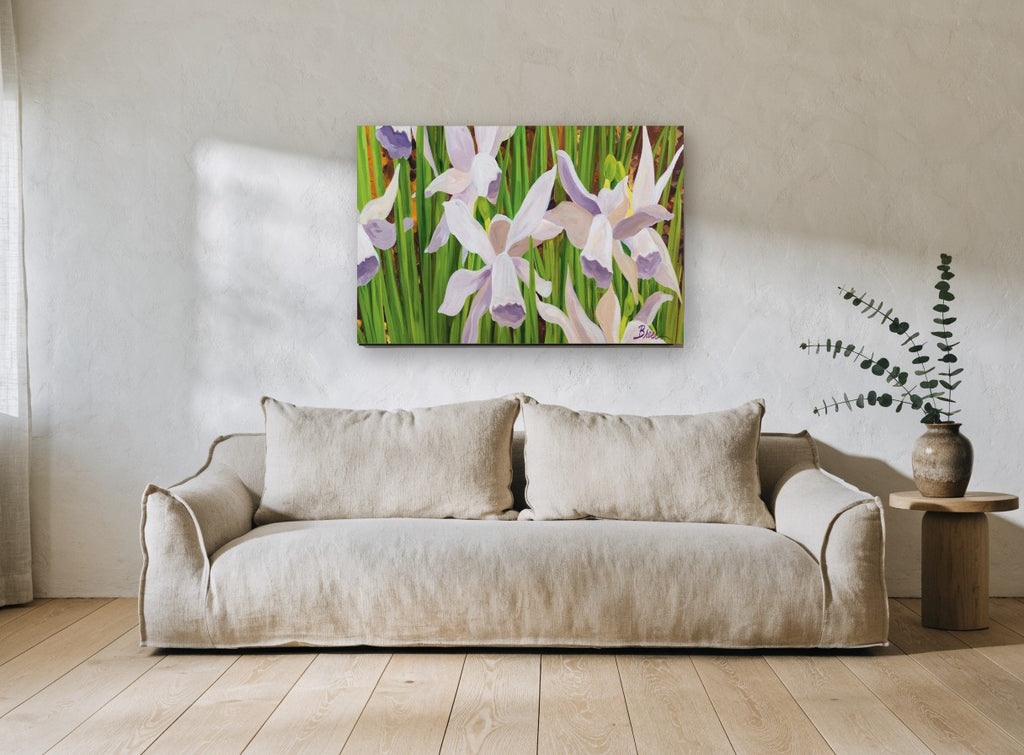 Lilac Daffodils in Green floral canvas print on the wall of a living room