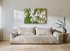 Lilac Daffodils in Green floral canvas print on the wall of a living room