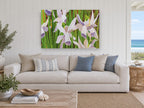Lilac Daffodils in Green floral canvas print on the wall of a beach house living room