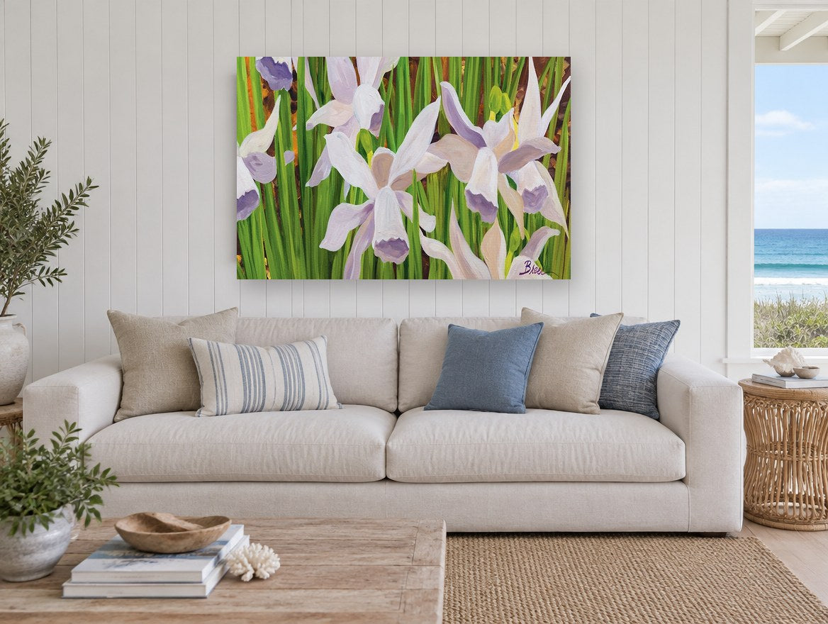 Lilac Daffodils in Green floral canvas print on the wall of a beach house living room