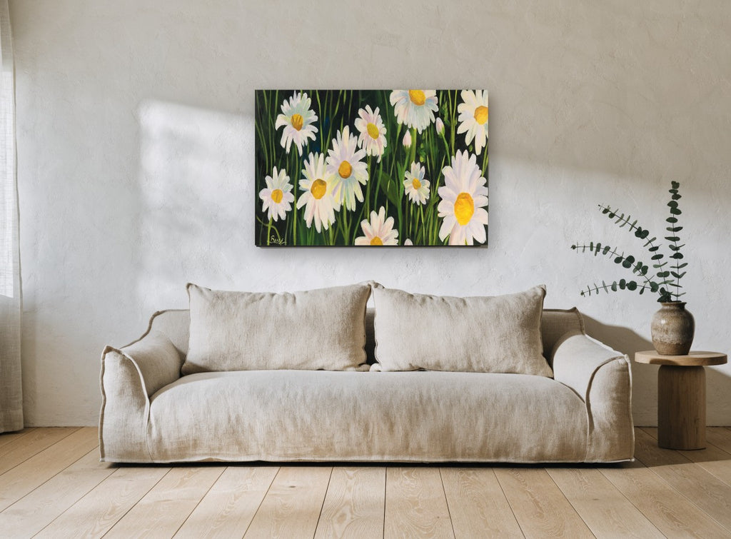 Daisies in Dark Grass floral canvas print on the wall of a living room