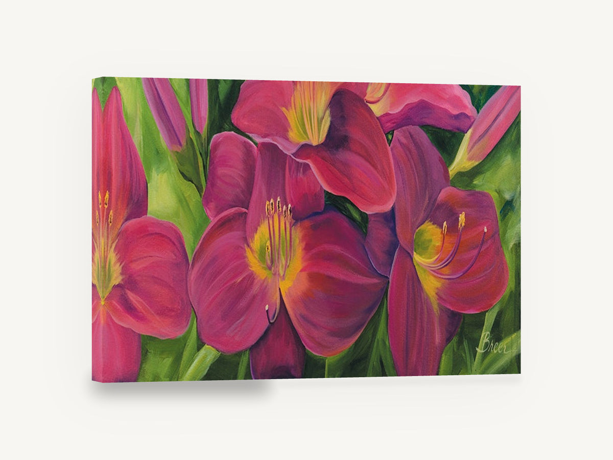 Magenta Daylily Garden, magenta daylilies floral painting, floral canvas wall art print ready to hang