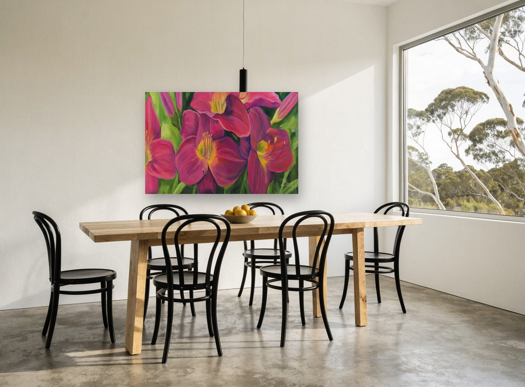 Magenta Daylily Garden floral canvas print on the wall of a dining room