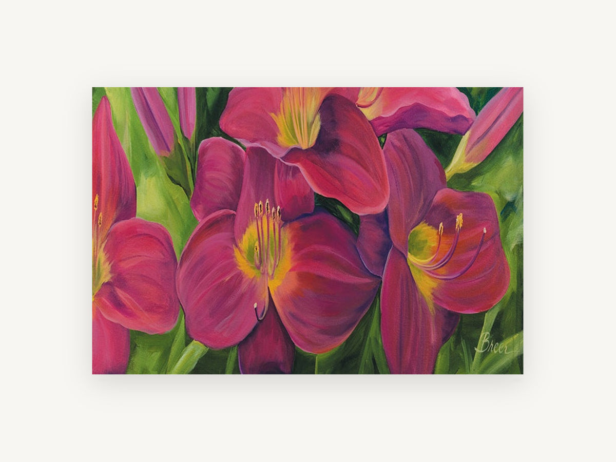 Magenta Daylily Garden, floral canvas wall art print, front view