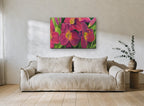 Magenta Daylily Garden floral canvas print on the wall of a living room