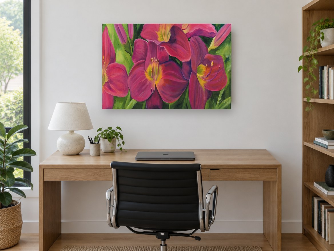 Magenta Daylily Garden floral canvas print on the wall of a study