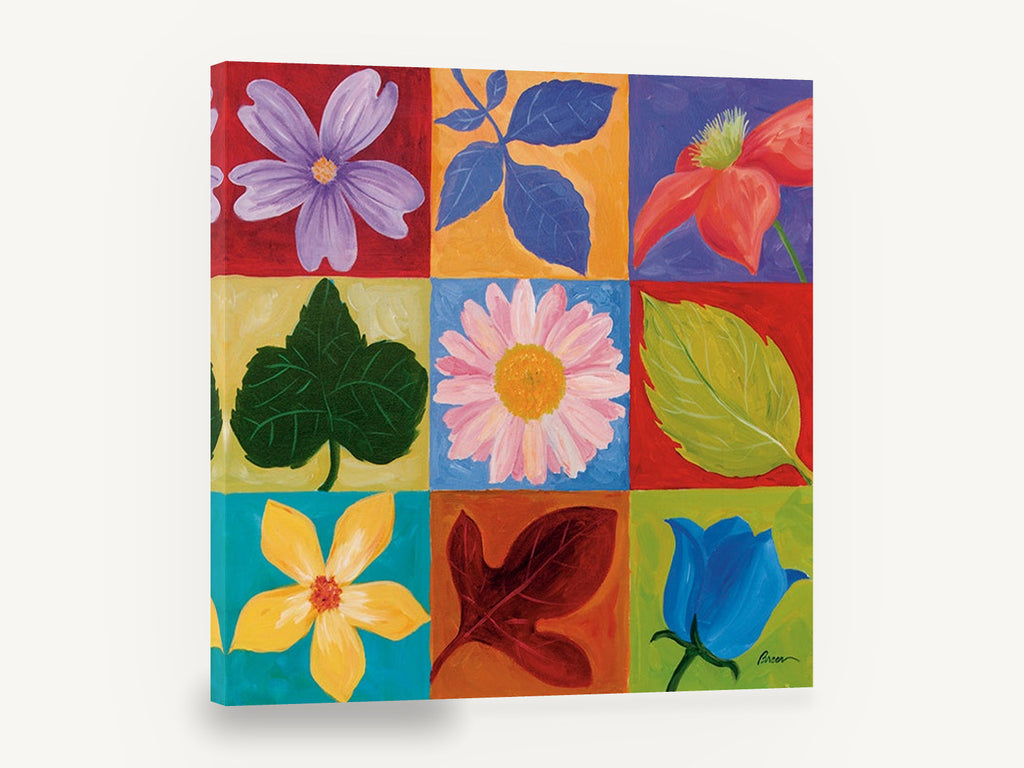 Nine Square Garden, colourful flowers and leaves grid painting, floral canvas wall art print ready to hang