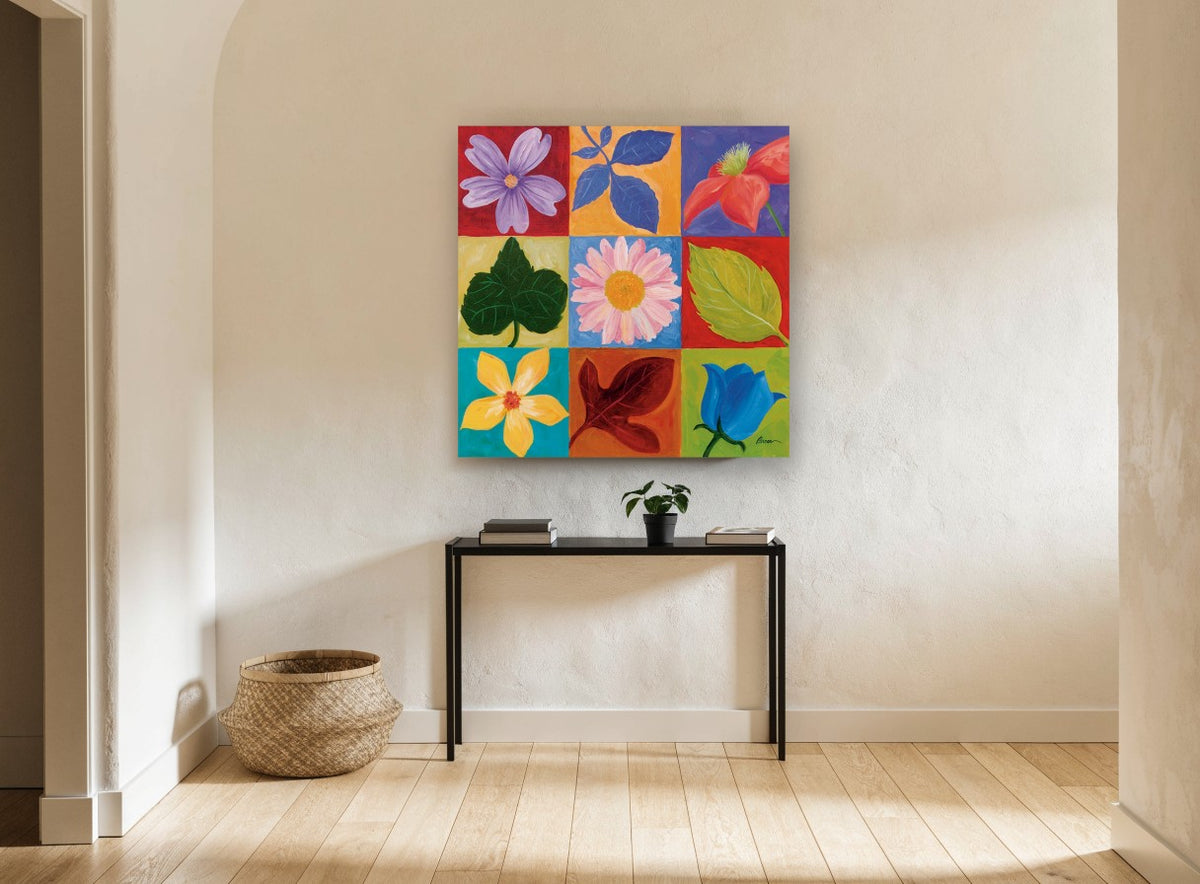 Nine Square Garden floral canvas print on the wall of a hallway