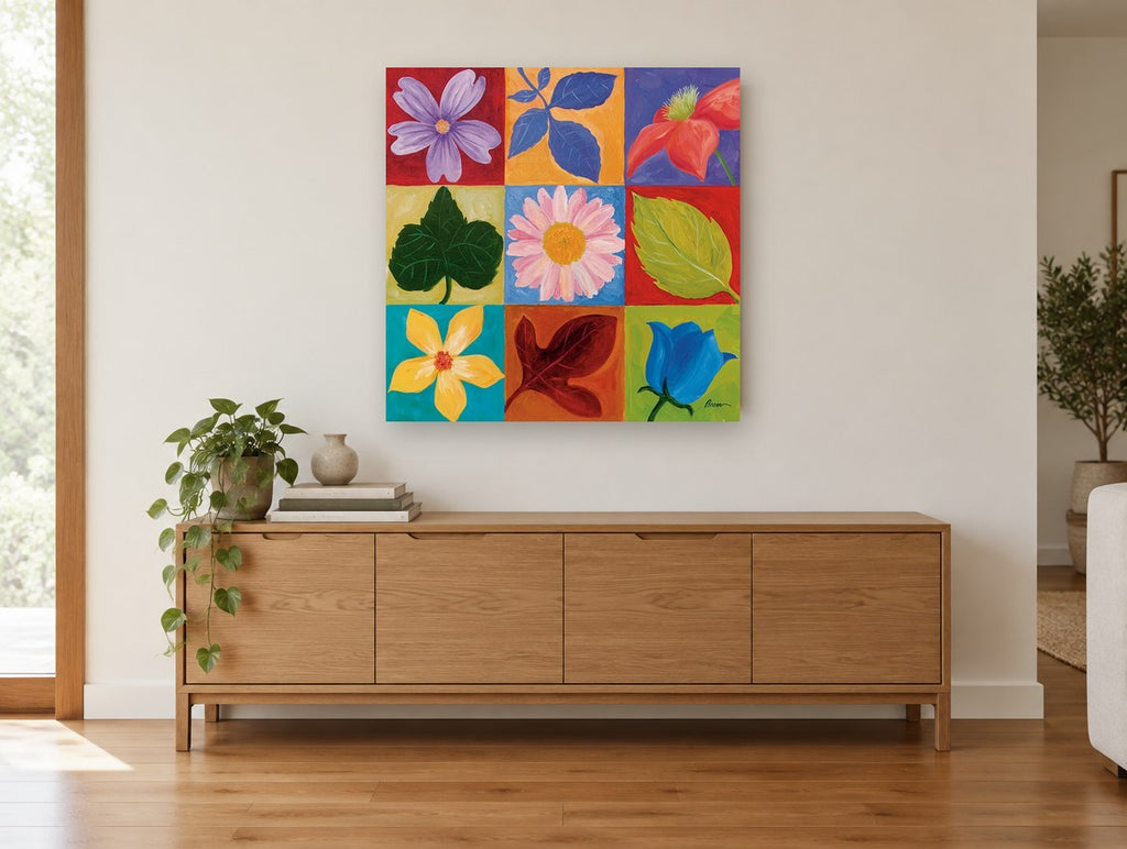 Nine Square Garden floral canvas print on the wall of a living room above a sideboard