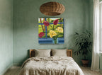 Tulips at the Blue Window floral canvas print on the wall of a bedroom