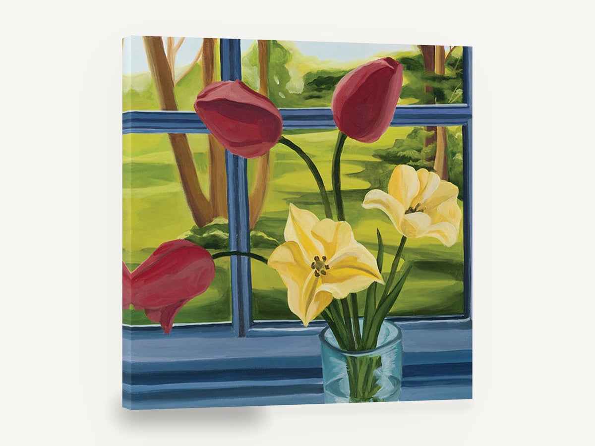 Tulips at the Blue Window, red and yellow tulips window painting, floral canvas wall art print ready to hang