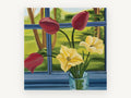 Tulips at the Blue Window, floral canvas wall art print, front view