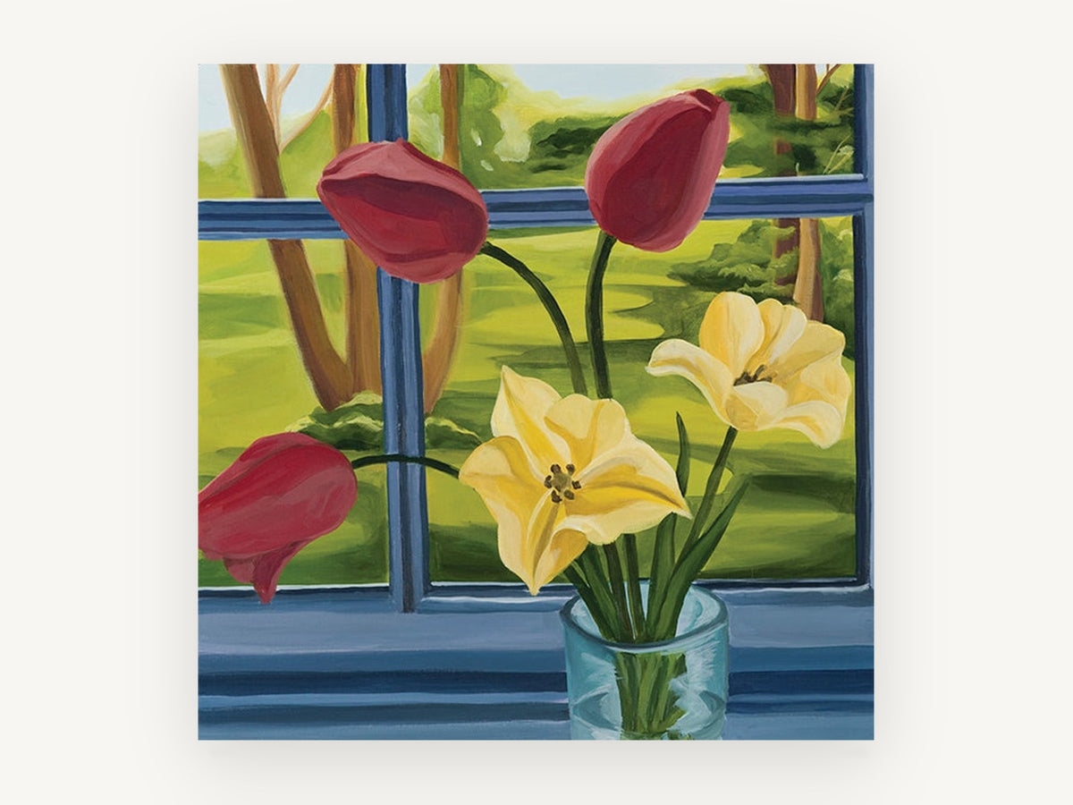 Tulips at the Blue Window, floral canvas wall art print, front view