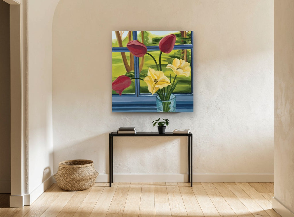 Tulips at the Blue Window floral canvas print on the wall of a hallway