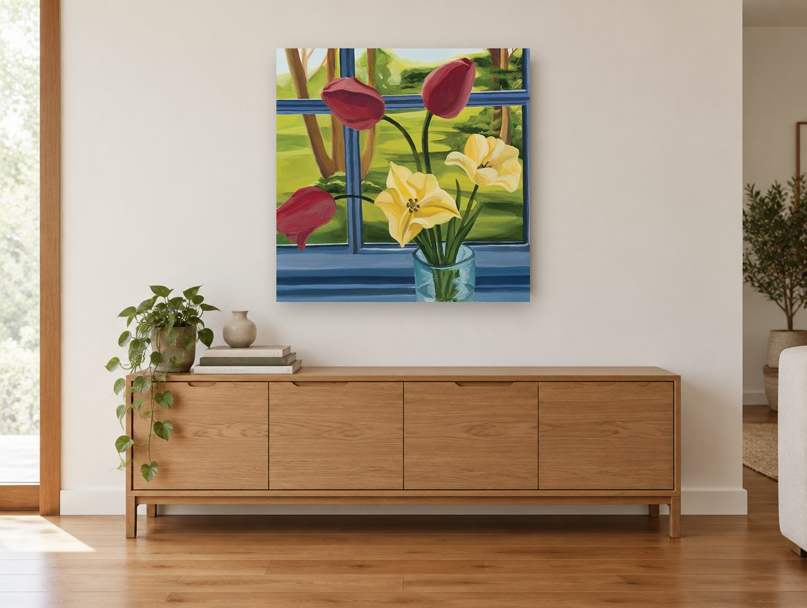 Tulips at the Blue Window floral canvas print on the wall of a living room above a sideboard