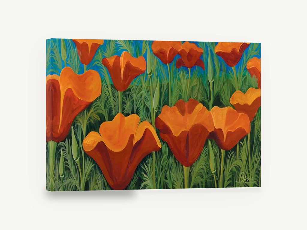 Orange Poppy Meadow, orange poppies green meadow painting, floral canvas wall art print ready to hang