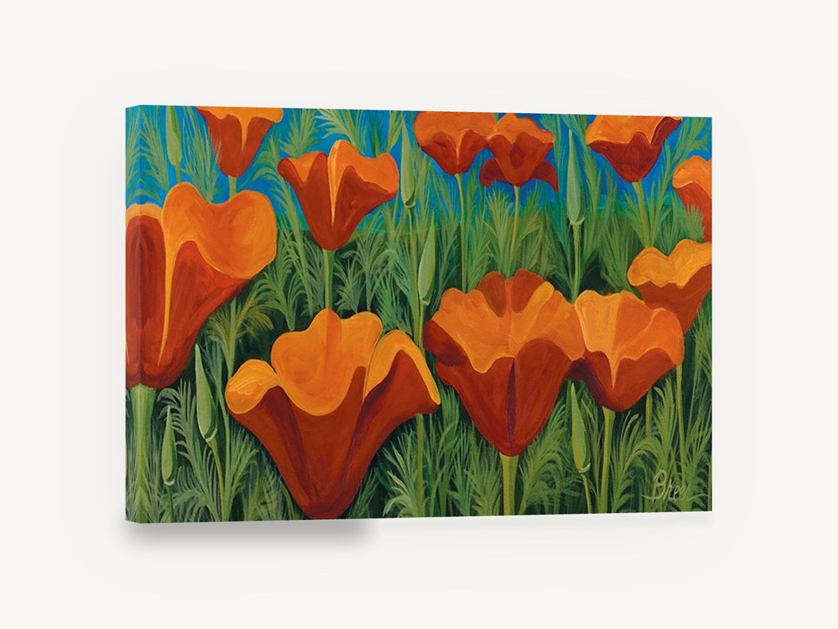 Orange Poppy Meadow, orange poppies green meadow painting, floral canvas wall art print ready to hang