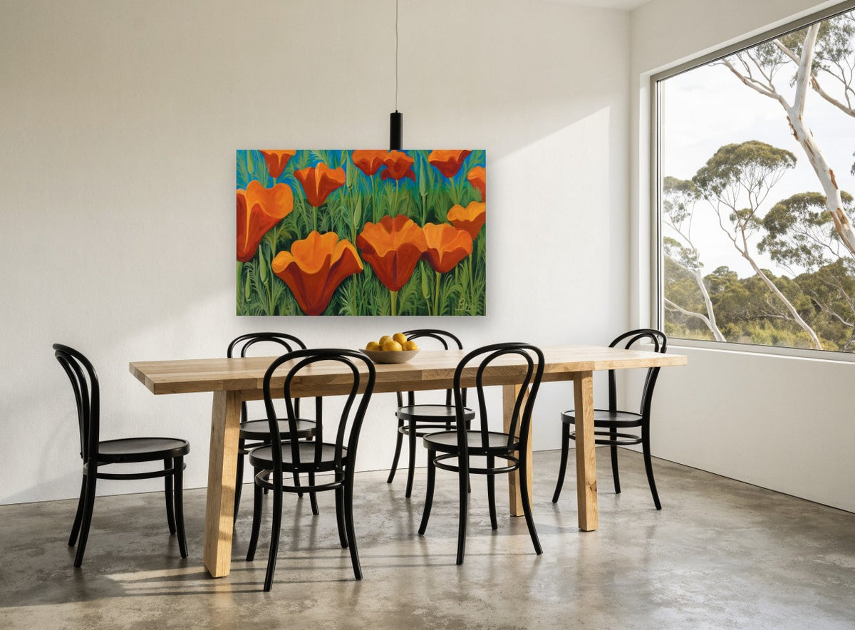 Orange Poppy Meadow floral canvas print on the wall of a dining room