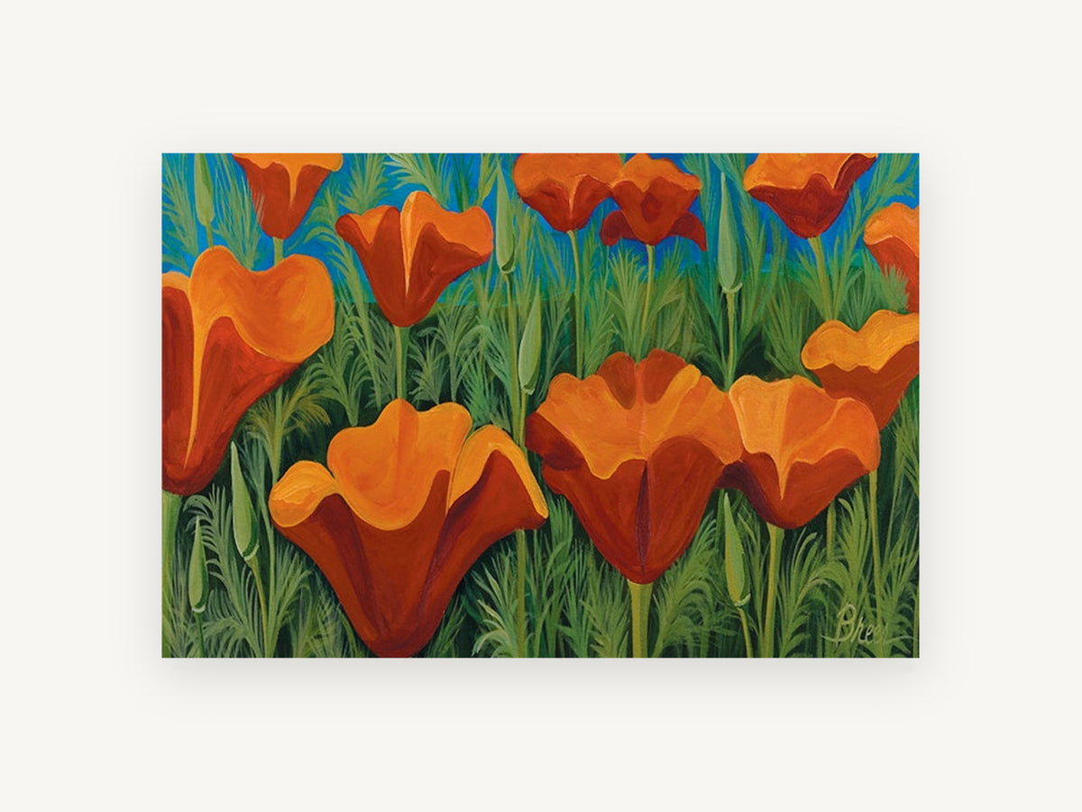 Orange Poppy Meadow, floral canvas wall art print, front view