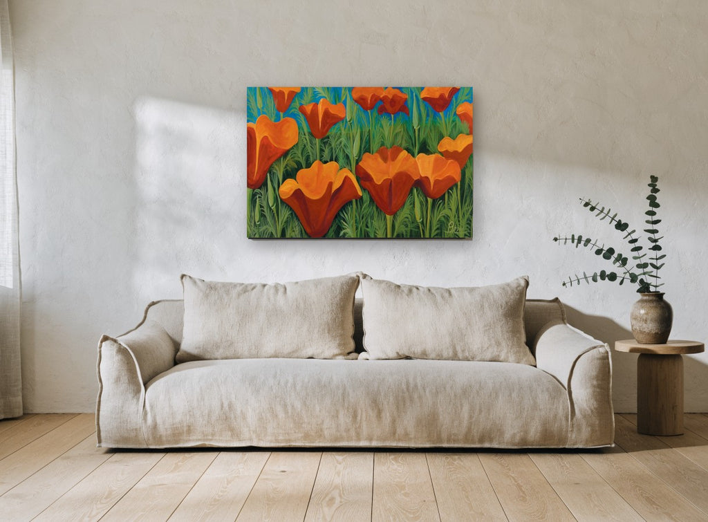 Orange Poppy Meadow floral canvas print on the wall of a living room