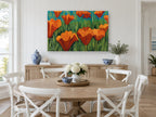 Orange Poppy Meadow floral canvas print on the wall of a Hamptons dining room