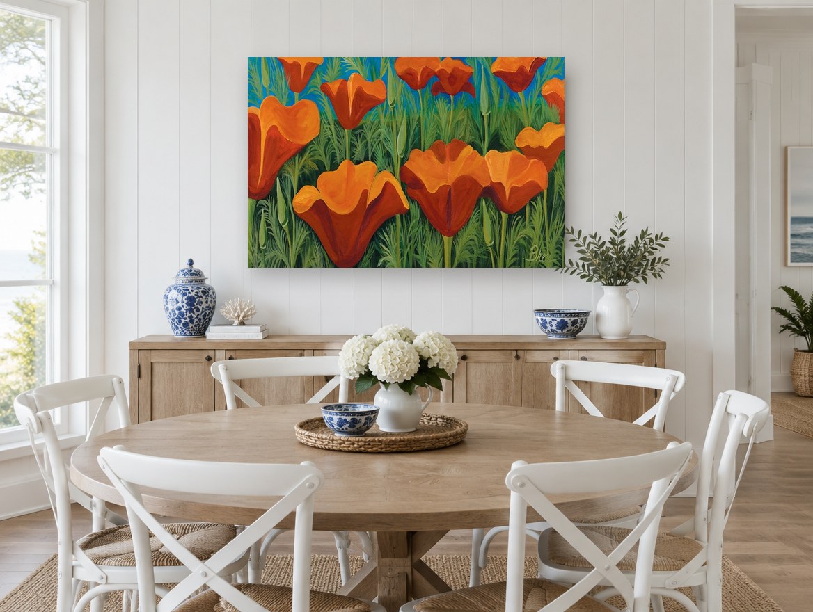 Orange Poppy Meadow floral canvas print on the wall of a Hamptons dining room