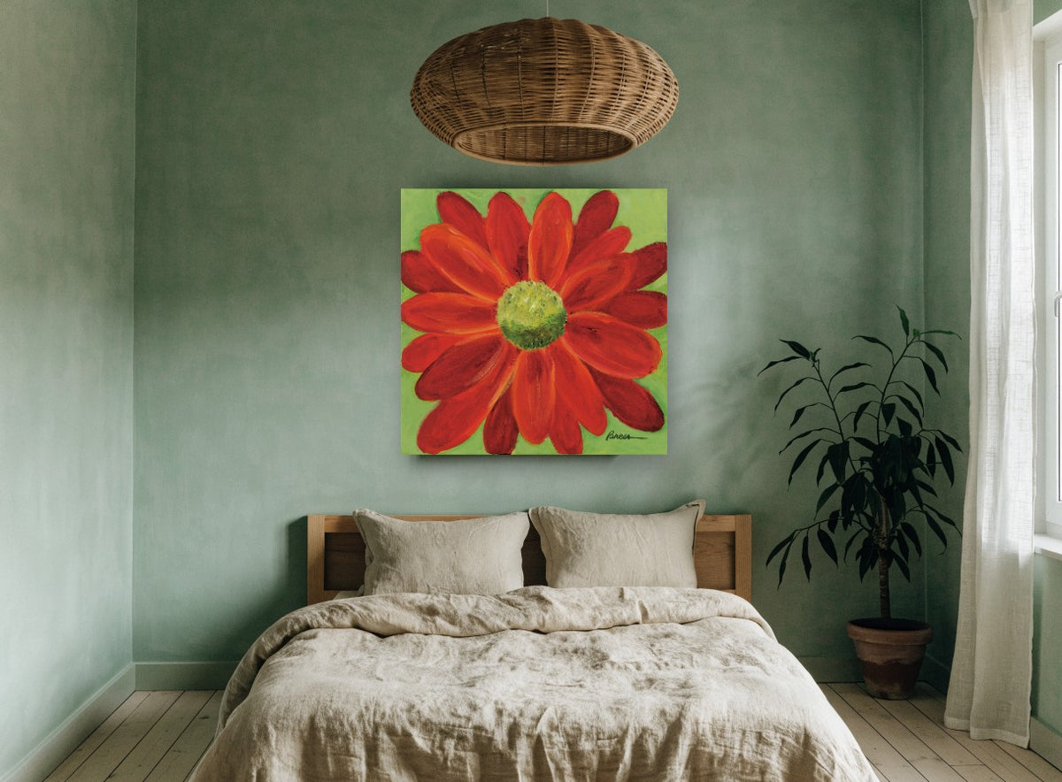 Scarlet Daisy Bloom floral canvas print on the wall of a bedroom