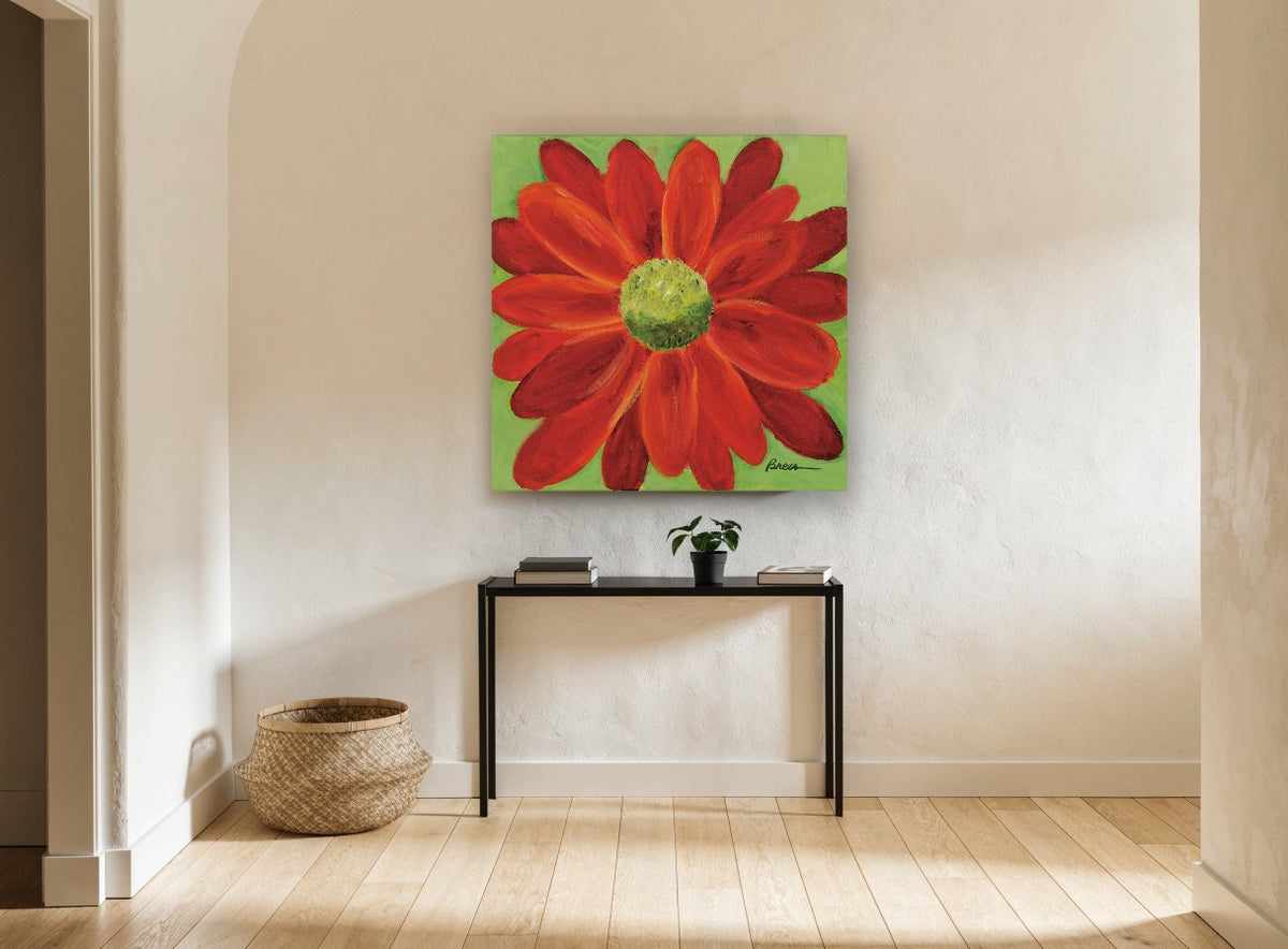 Scarlet Daisy Bloom floral canvas print on the wall of a hallway