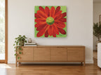 Scarlet Daisy Bloom floral canvas print on the wall of a living room above a sideboard