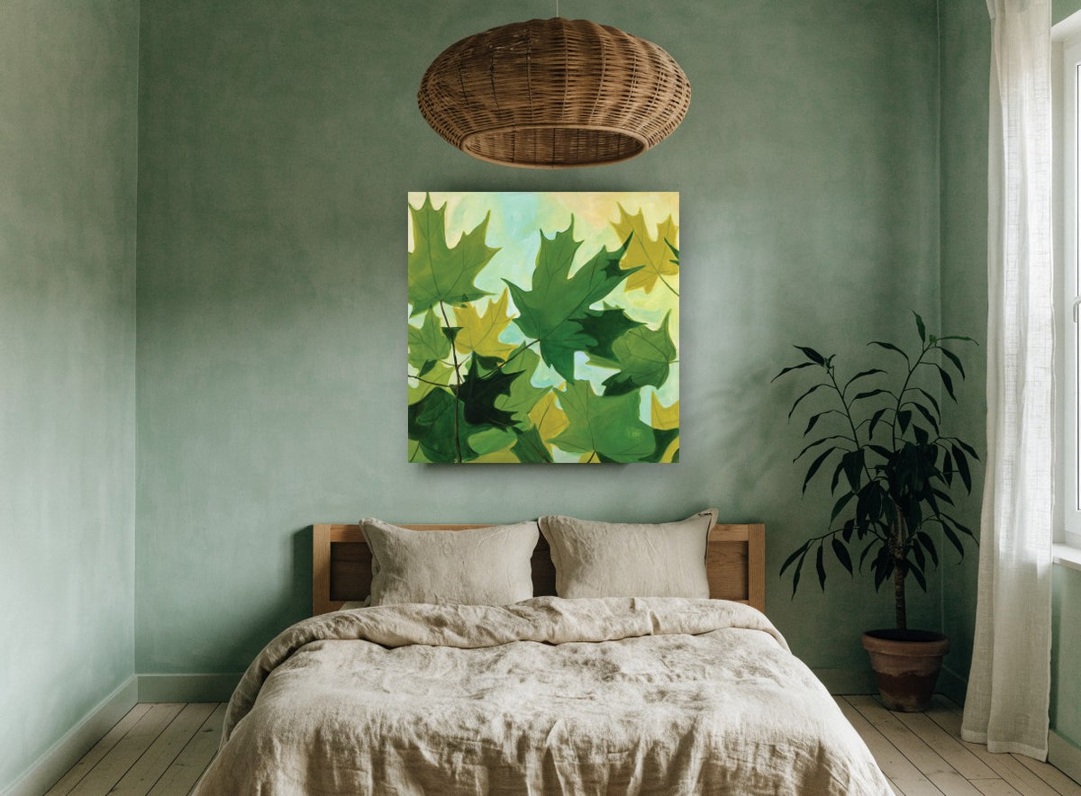Maple Canopy Greens floral canvas print on the wall of a bedroom