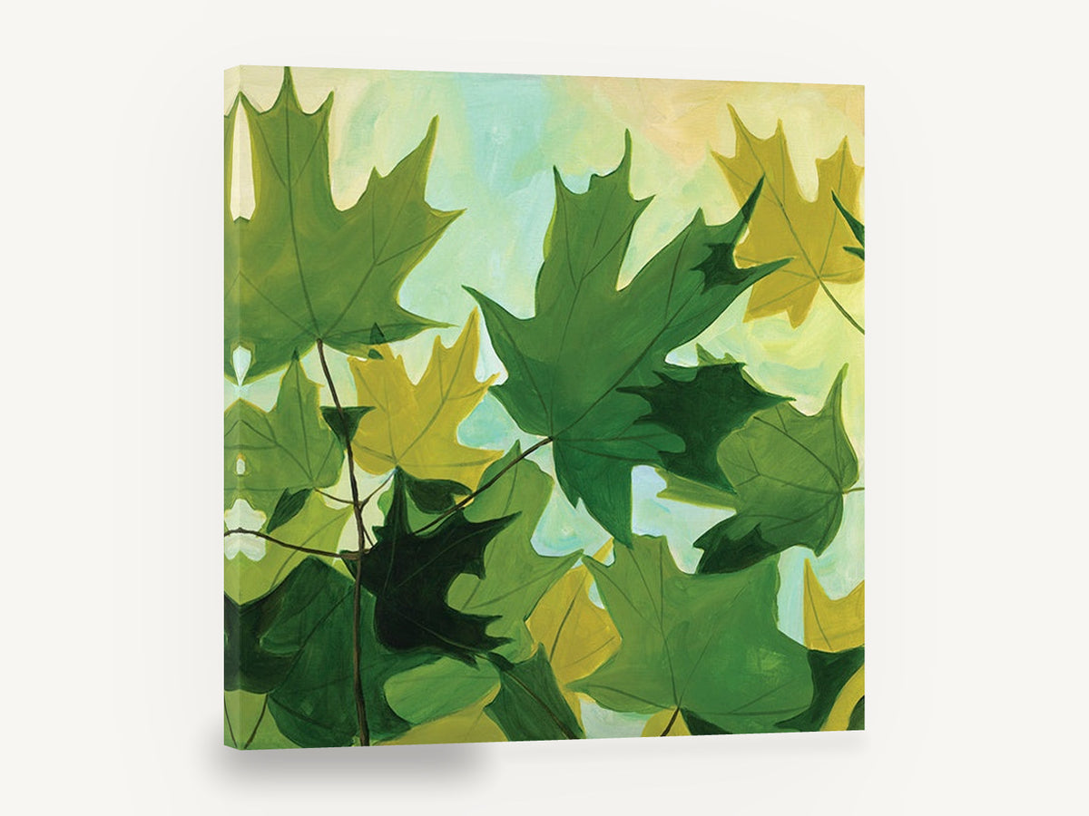 Maple Canopy Greens, green maple leaves botanical painting, floral canvas wall art print ready to hang