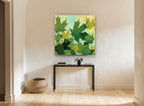 Maple Canopy Greens floral canvas print on the wall of a hallway