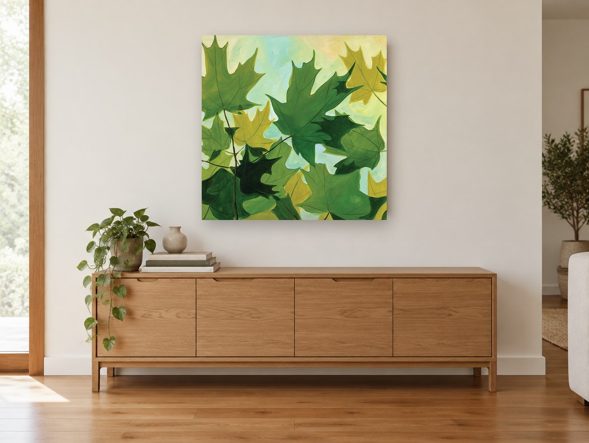 Maple Canopy Greens floral canvas print on the wall of a living room above a sideboard