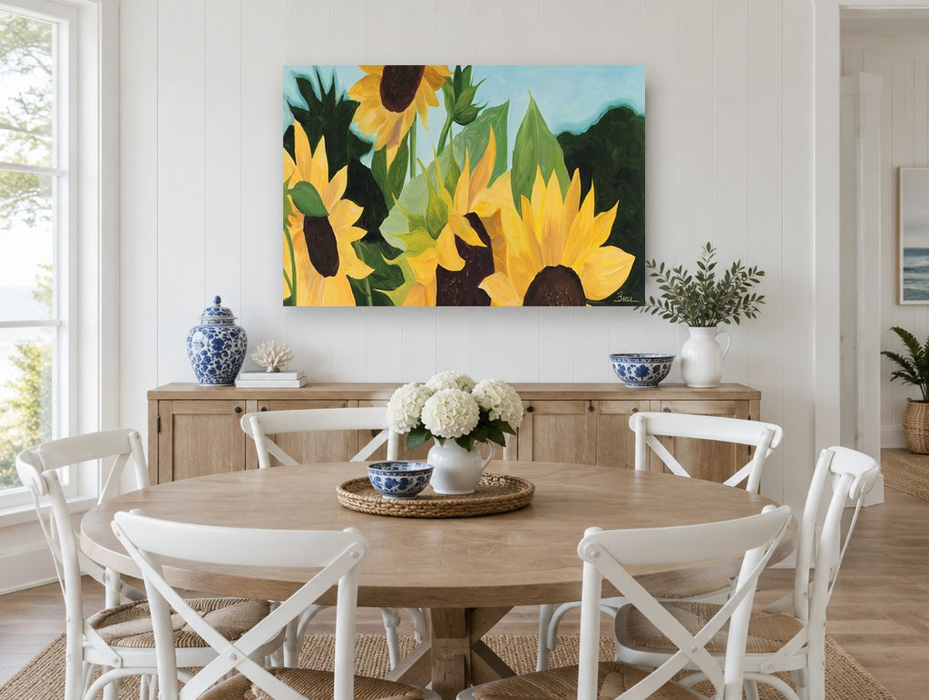 Sunflowers Against Blue floral canvas print on the wall of a Hamptons dining room