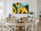 Sunflowers Against Blue floral canvas print on the wall of a Hamptons dining room