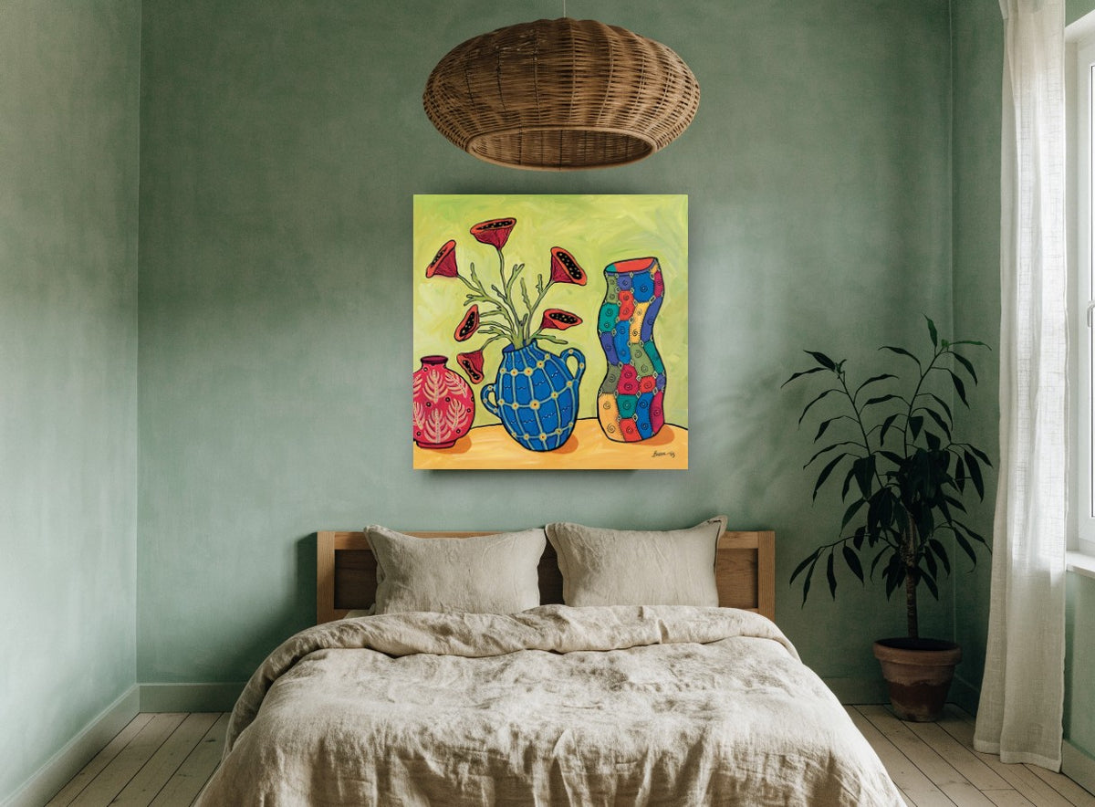 Three Patterned Vases floral canvas print on the wall of a bedroom
